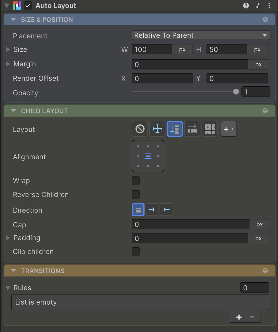 The AutoLayout Inspector — Size & Position, Child Layout, and Transitions, all on one component