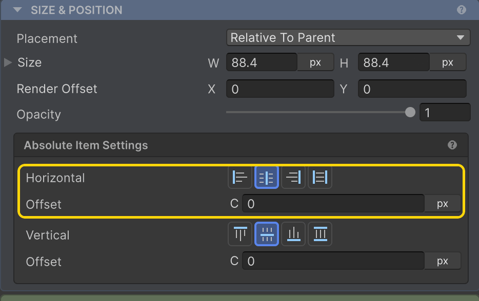 Horizontal + Offset highlighted in the Inspector