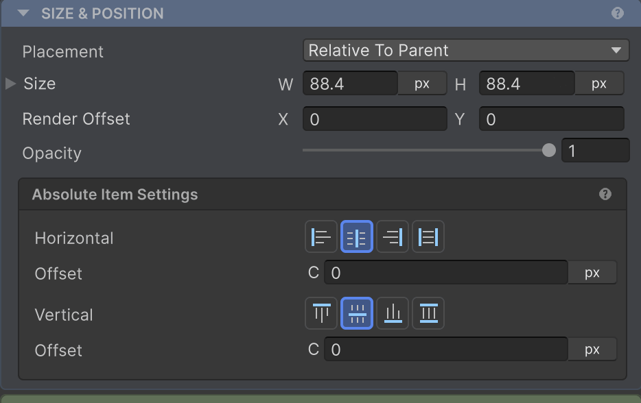 The Size & Position inspector section of an absolute child, with the Absolute Item Settings constraints.