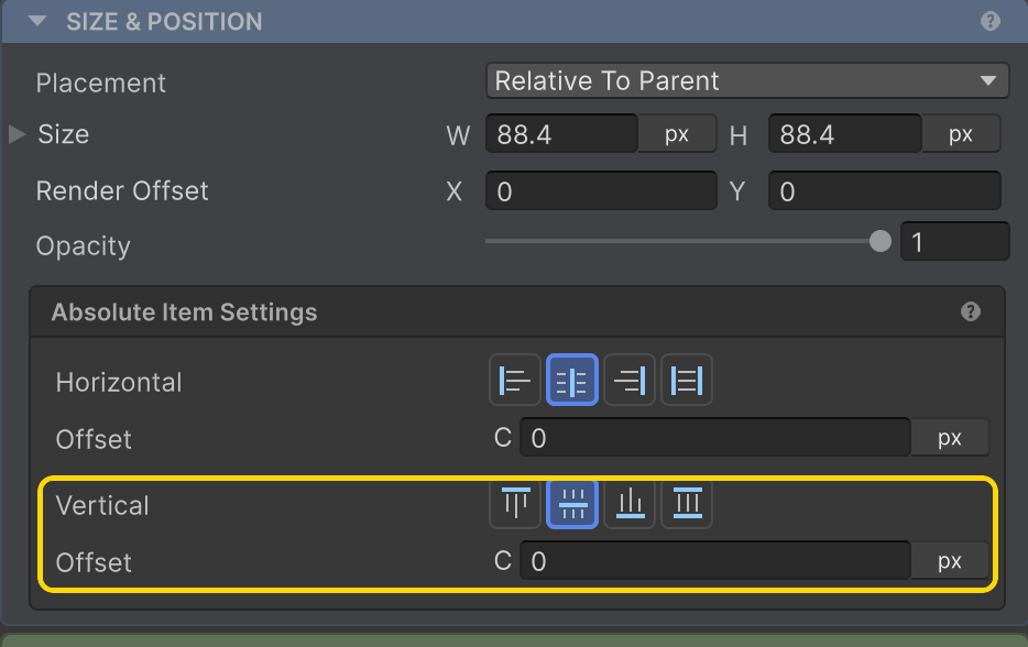 Vertical + Offset highlighted in the Inspector