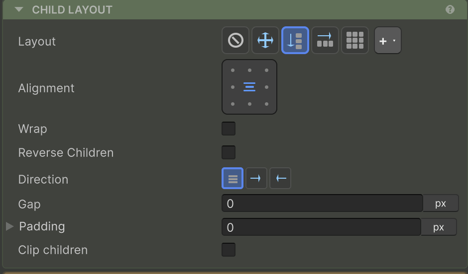 The Child Layout inspector section for a Row/Column container.