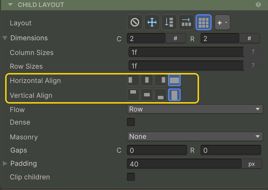 Horizontal / Vertical Align highlighted in the Inspector