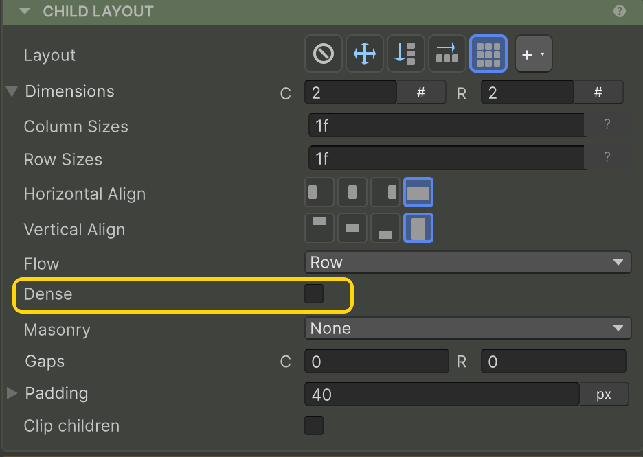 Dense highlighted in the Inspector