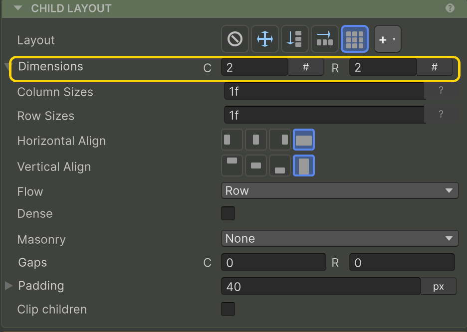 Dimensions highlighted in the Inspector
