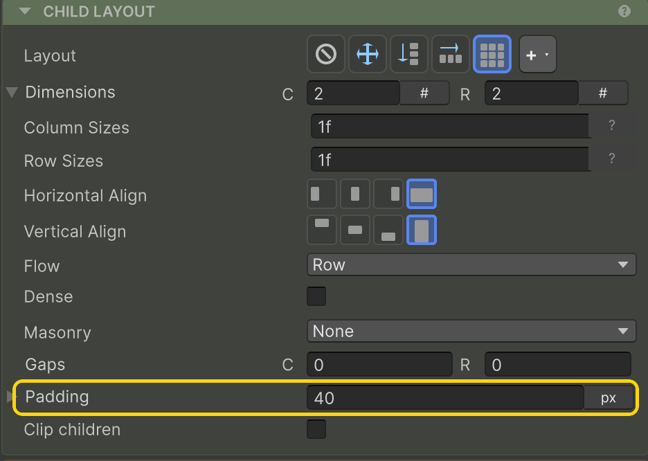 Padding highlighted in the Inspector
