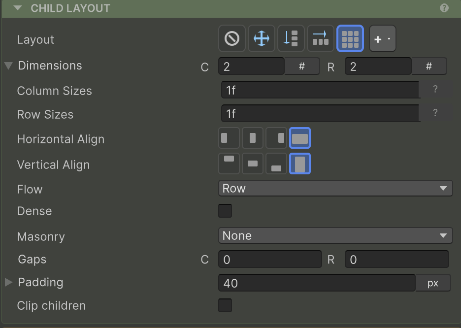 The Child Layout inspector section with Grid selected — Dimensions, track sizes, align, flow, gaps.