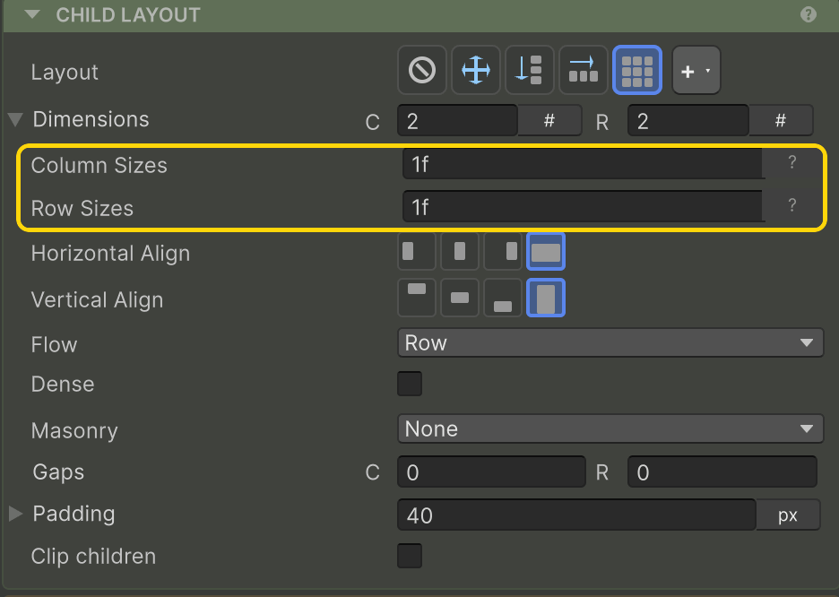 Column / Row Sizes highlighted in the Inspector