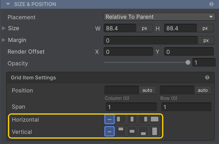 Horizontal / Vertical Align highlighted in the Inspector