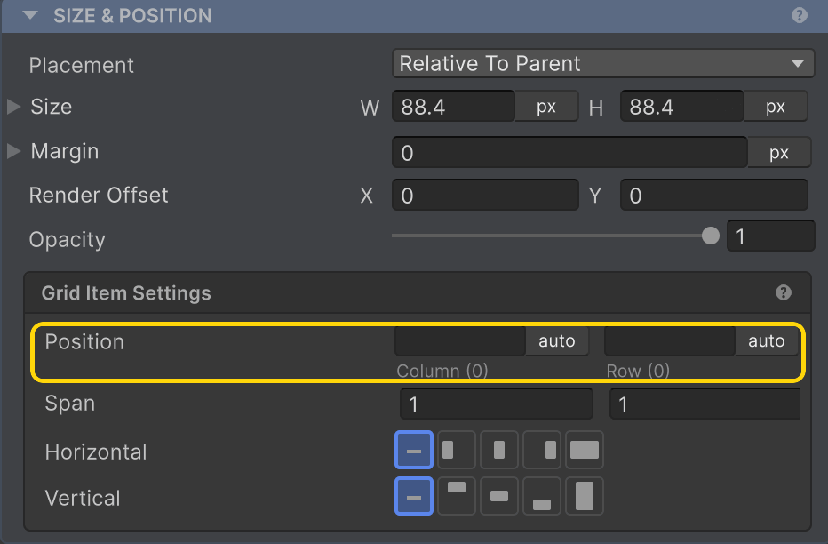 Position highlighted in the Inspector