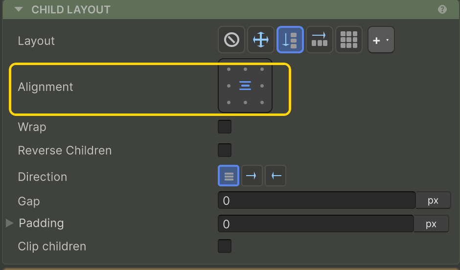 Alignment highlighted in the Inspector