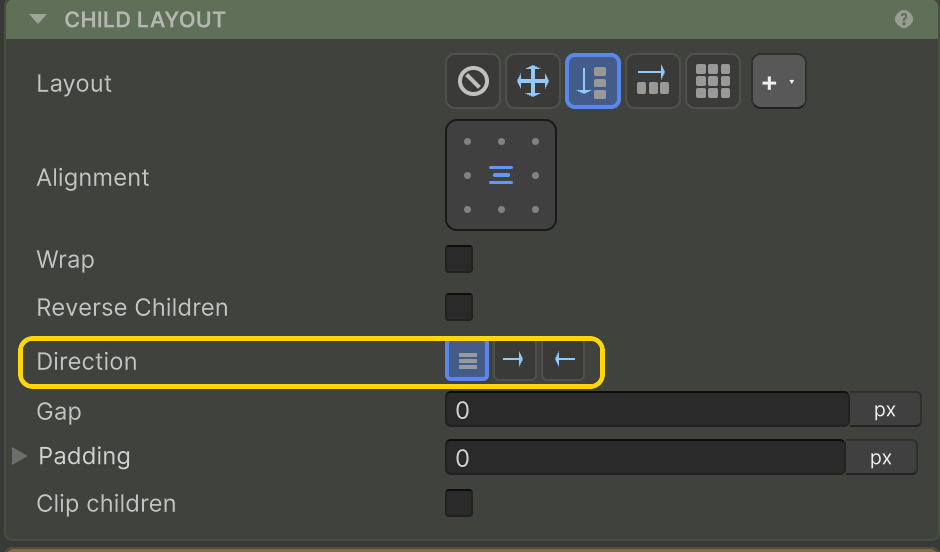 Direction highlighted in the Inspector