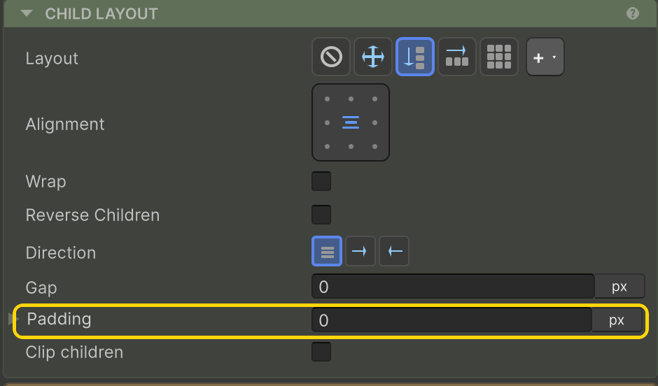 Padding highlighted in the Inspector