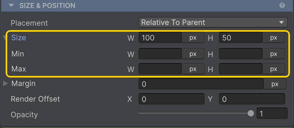 The Size row highlighted in the Inspector, with per-axis unit and Min/Max clamps.