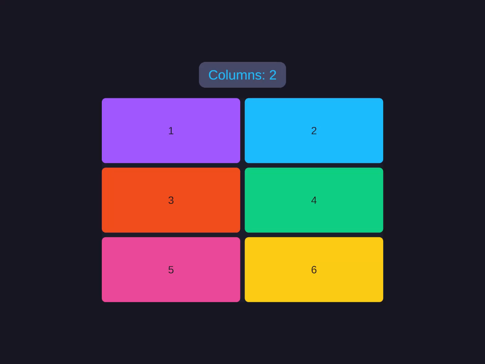 A grid of numbered colored tiles reflowing as a live label cycles through Columns: 3, Tracks: 1f 2f 1f 2f, and Row span, where one tile grows to span two rows.