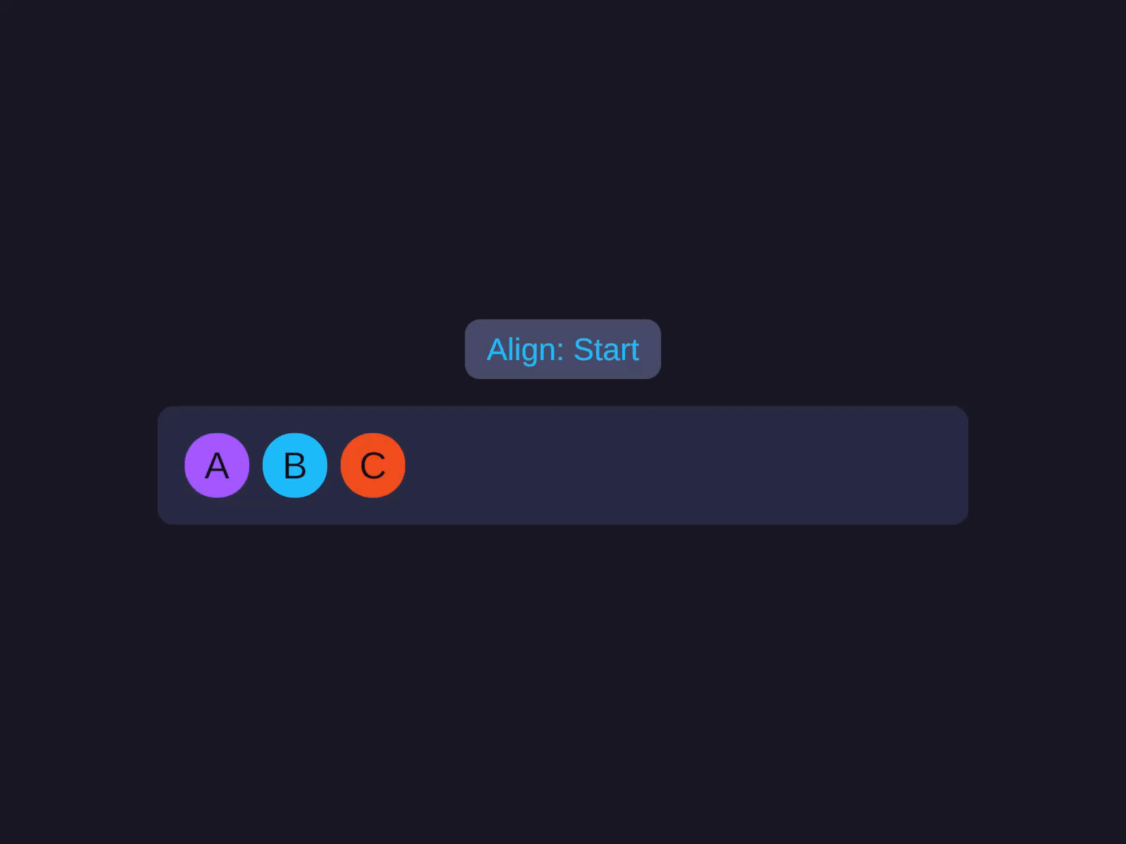 A row of colored chips A–G reflowing as a live label cycles through Align: Start, Gap: 80, Wrap, and Wrap · Align: End.