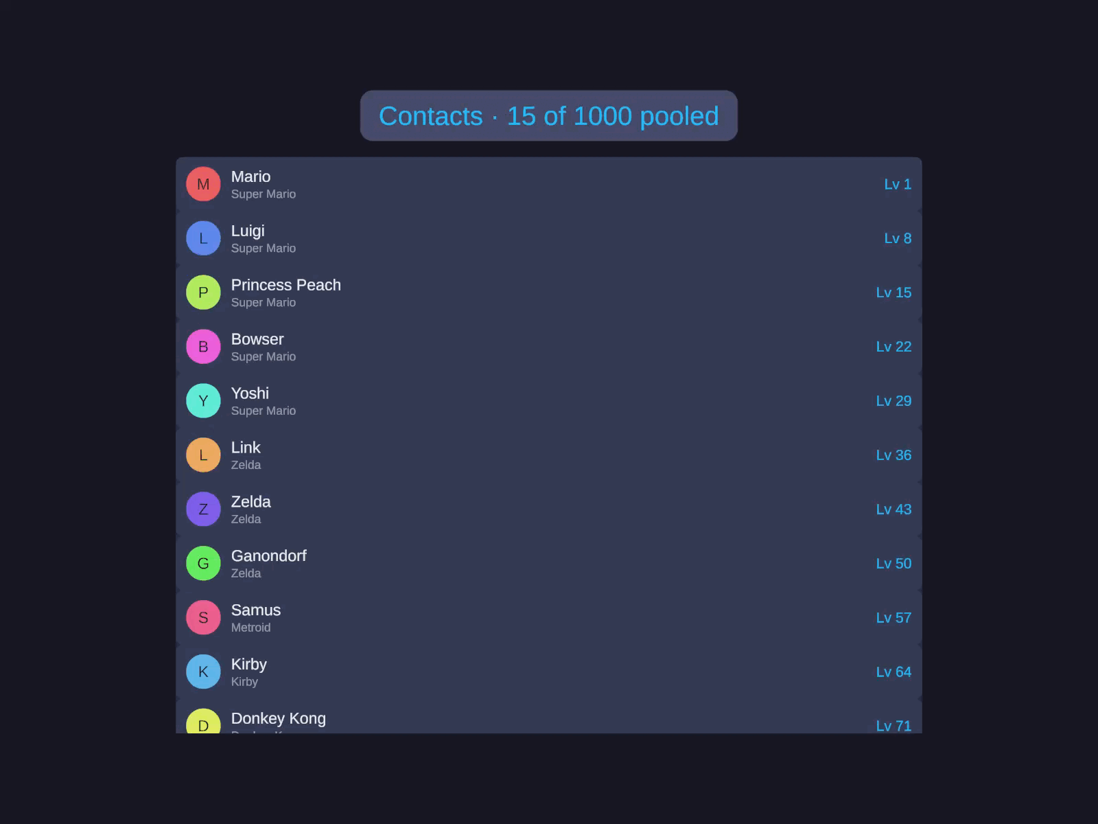A ListView of 1,000 contacts and then a GridView inventory auto-scrolling, with a live readout reading 'N of 1000 pooled' staying around 18 as the cells recycle.